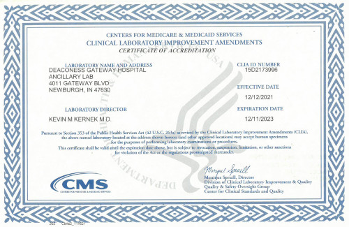 Deaconess Lab CLIA Certificate