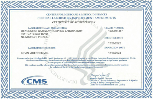 Deaconess Lab CLIA Certificate