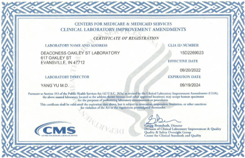 Deaconess Oakley Street Lab CLIA Certificate