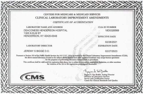 Deaconess Henderson Hospital Lab CLIA Certificate