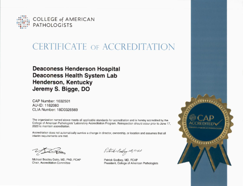 Deaconess Henderson Hospital Lab CAP Certificate
