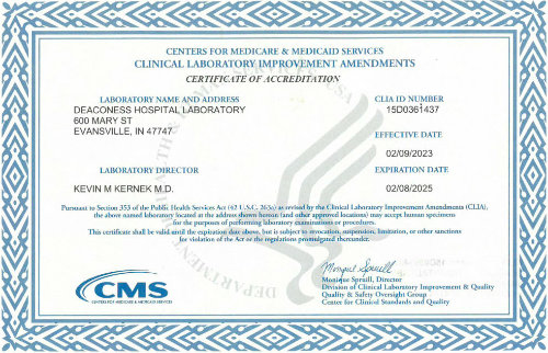 Deaconess Lab CLIA Certificate