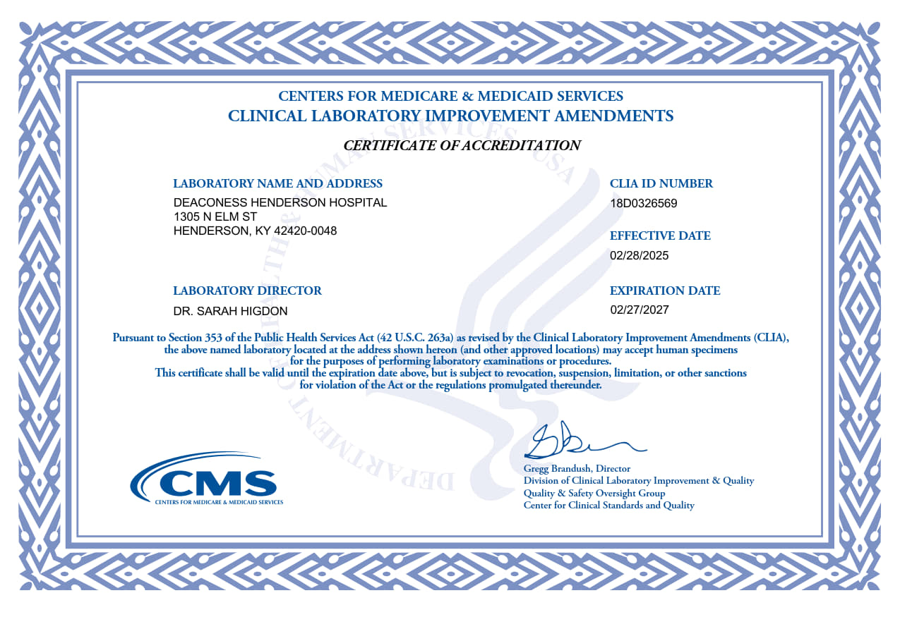 Deaconess Henderson Hospital CLIA Certificate 18D0326569 2025-02-28-exp-02-27-2027_1