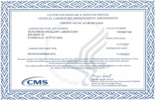 Deaconess Lab CLIA Certificate