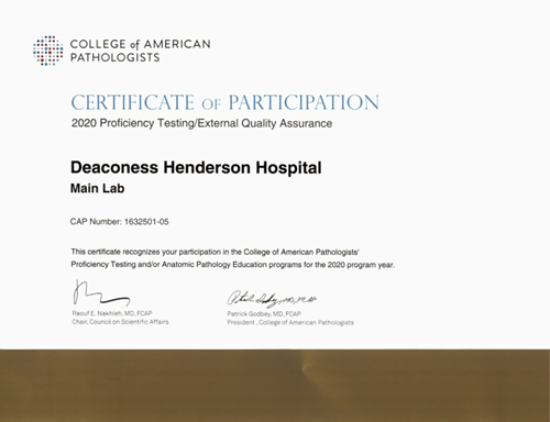 Deaconess Henderson Hospital Lab CAP Certificate